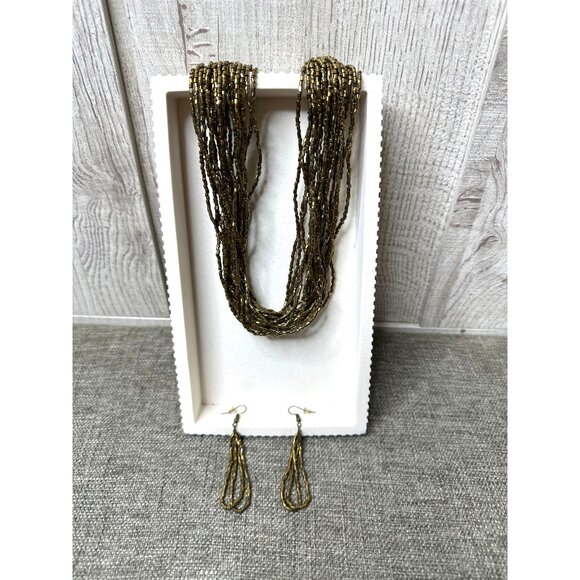 Gold Multi-Strand Beaded Necklace & Earrings Set With Adjustable Chain Closure - Picture 1 of 6